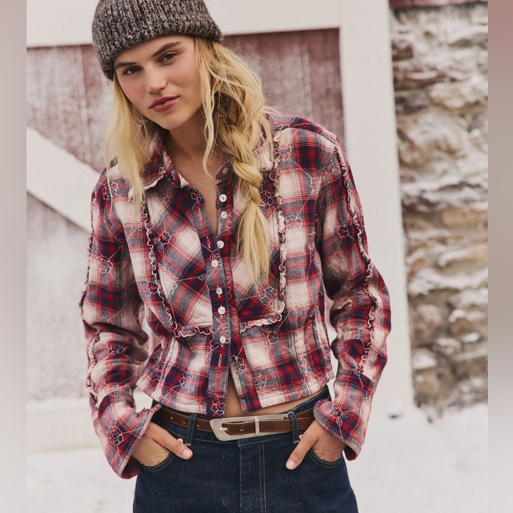 Free People We The Free Georgia Plaid Embroidered Button-down Shirt